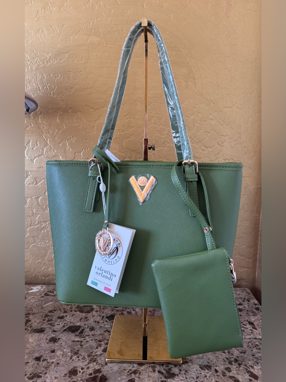 Valentino Orlandi Forest Green Vegan Leather Tote with Charm NWT - Picture 3 of 7